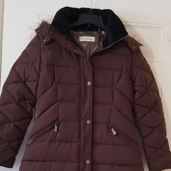 NWOT Calvin Klein Faux Fur Trim Hooded Puffer Jacket Coat - Picture 2 of 8